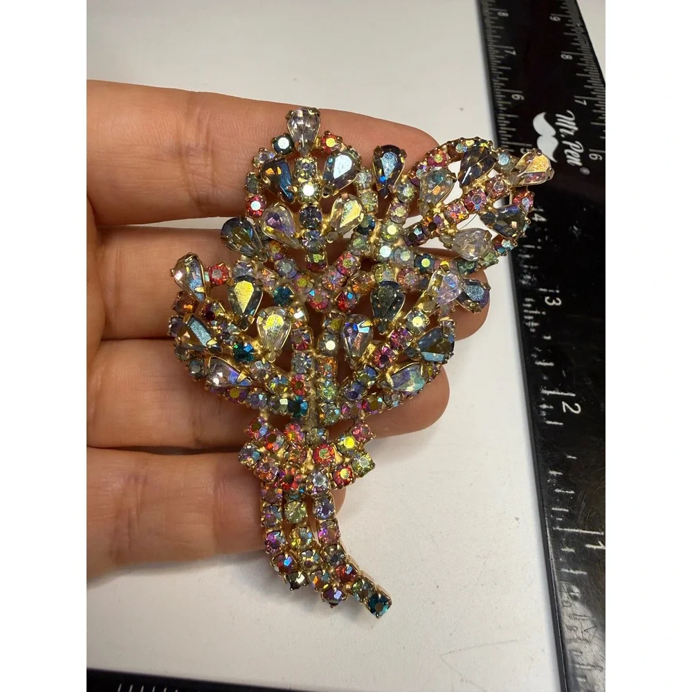 Vintage Aurora Borealis Rhinestone Brooch Gold Tone Large Iridescent Statement